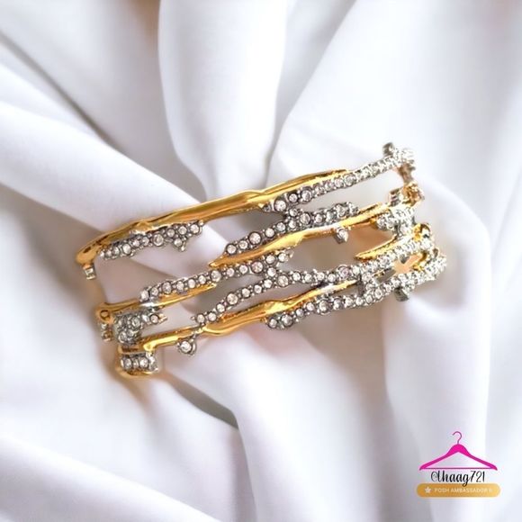 Alexis Bittar Jewelry - ALEXIS BITTAR Gold Geometric Lines with Inlaid Crystal Cuff Bracelet - MSRP $289